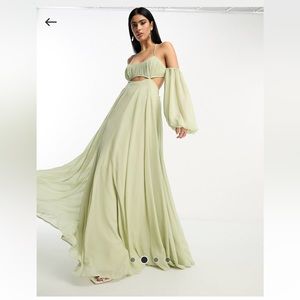 ASOS DESIGN ruched bust off shoulder cut out babydoll maxi dress in light green